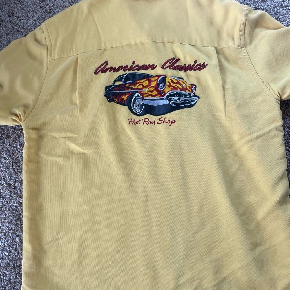 Men's Yellow and Red Shirt hot rod vintage classic American flames car show